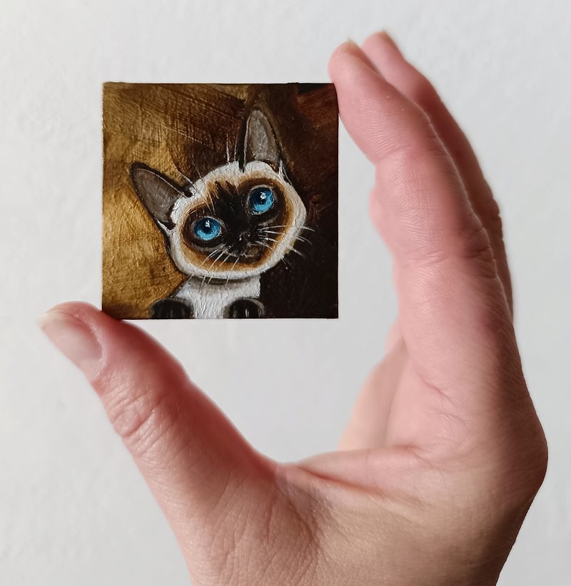 Siamese kitten oil painting Cat Art 5*5 cm - Wall Décor - Other Metals Brown