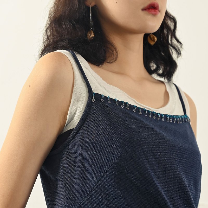 【NaSuBi Vintage】對色設計珠飾古著背心上衣 - 女裝 背心 - 其他人造纖維 