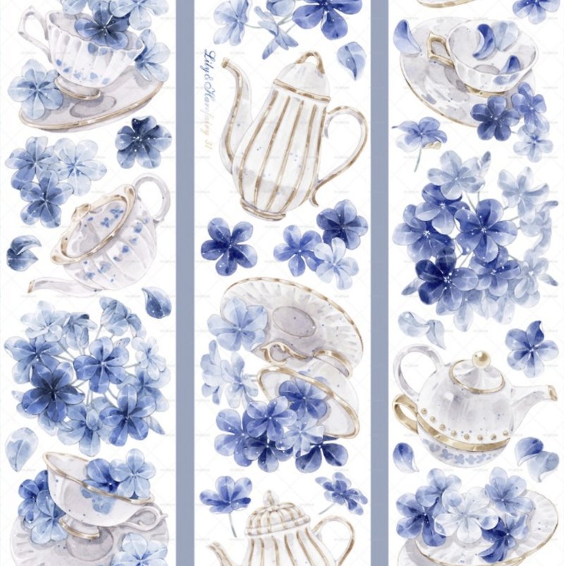 Blue snowflake tea porcelain language PET and paper tape glass light laser Silver 10 meters roll - Washi Tape - Other Materials Multicolor