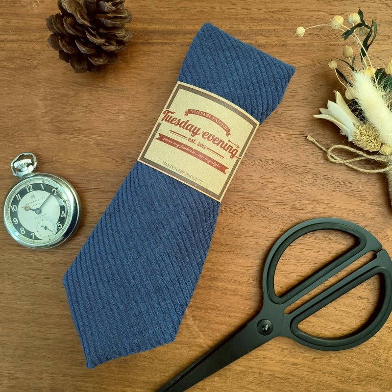 Necktie Dark Blue Corduroy - 領帶/領帶夾 - 其他材質 藍色