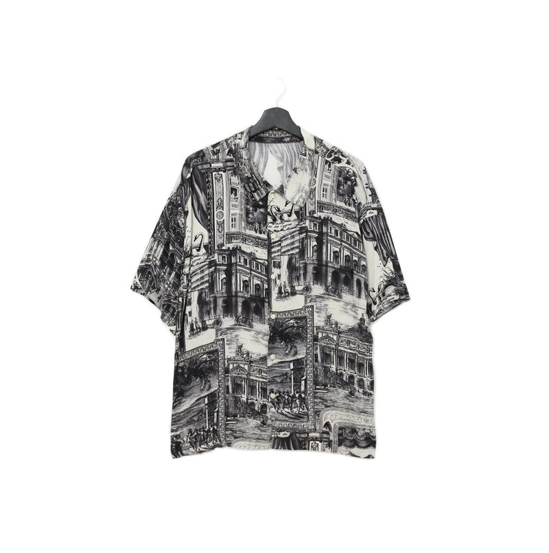 Back to Green-短袖花襯衫 黑白復古歐洲景  ss-31 vintage shirt - 男襯衫/休閒襯衫 - 絲．絹 