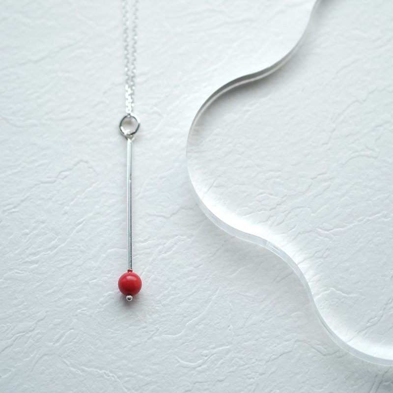 Red coral round line necklace Silver 925 - สร้อยคอ - โลหะ สีแดง