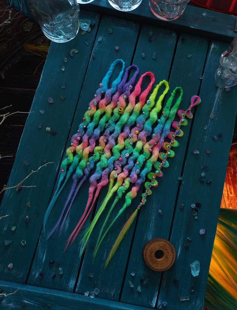 Unique Rainbow Dreadlocks, Colourful aceent hair extensions, Festival hair set - 髮圈/髮夾 - 其他材質 多色