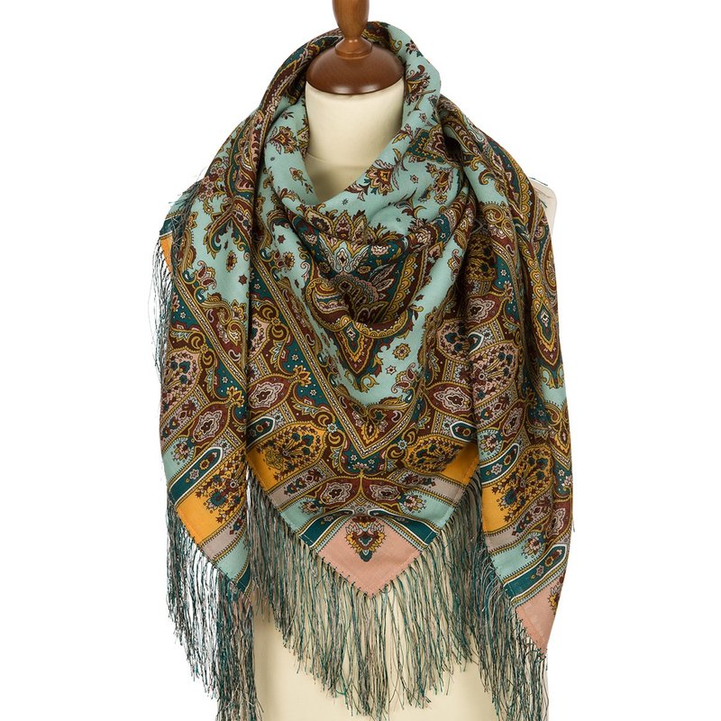 Pavlovo Posad Russian Shawl 100% Wool Scarf 125x125 cm Wrap Silk Fringe 1683-62 - 頸巾/披肩 - 羊毛 多色