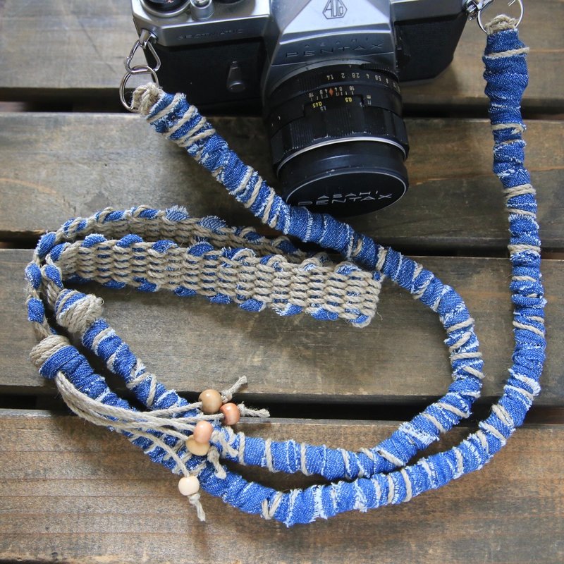 Camera strap/lanyard/faded denim ripped cloth hemp cord/double ring - Lanyards & Straps - Cotton & Hemp Blue