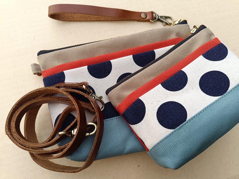 手拿包 Lovely Canvas Pouch and Crossbody, Set of 2 size, Polka Dot Design 化妝包 /收納袋 - กระเป๋าสตางค์ - ผ้าฝ้าย/ผ้าลินิน สีส้ม