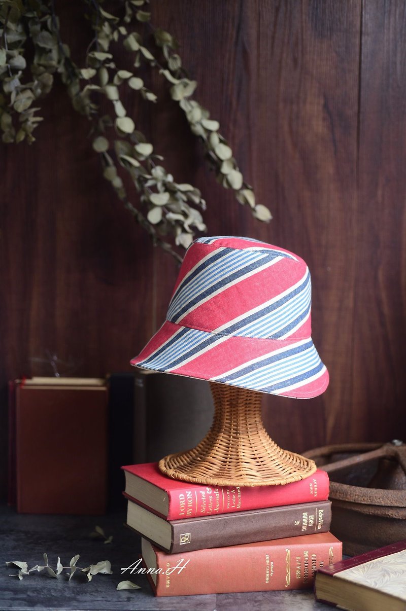Cotton Linen cap. Elegant striped hat. Double-sided wearable design - Hats & Caps - Cotton & Hemp Red