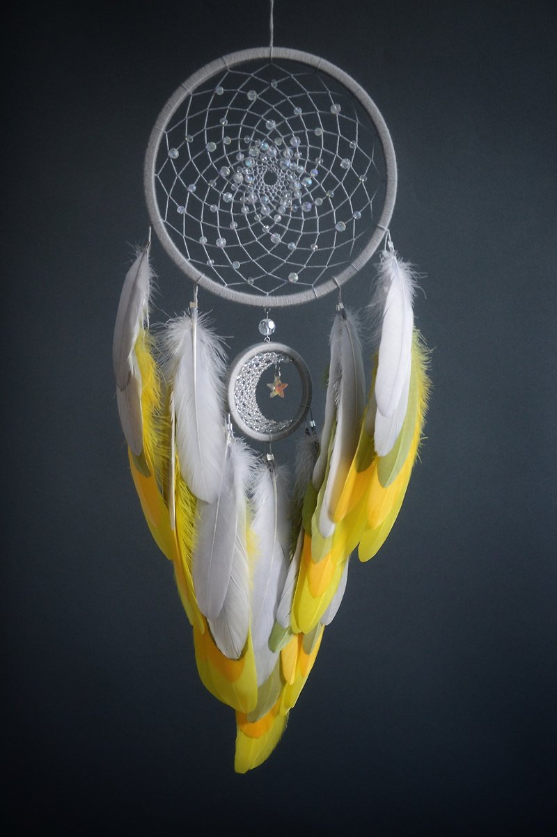 Handcrafted Dream Catcher with Sparkling Crystals and Vibrant Yellow Feathers - Wall Décor - Gemstone Yellow