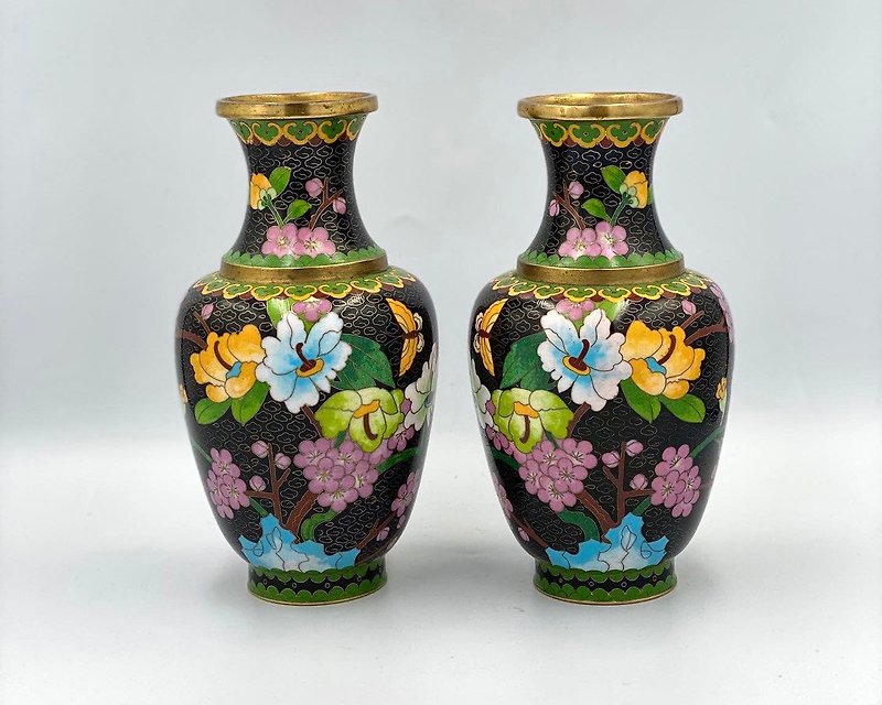 一對古董花瓶| 成對的中國花瓶景泰藍 - 其他 - 其他金屬 咖啡色