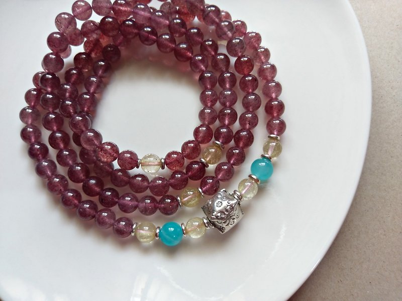 ORLI Jewelry 天然草莓晶108顆念珠 純銀印花珠 多圈手鍊 天然石 - 手鍊/手鐲 - 水晶 紅色