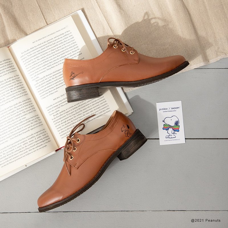 史努比 Snoopy聯名鞋 好朋友-偵探德比鞋-棕色 Derby Shoes - 其他女皮鞋 - 真皮 咖啡色