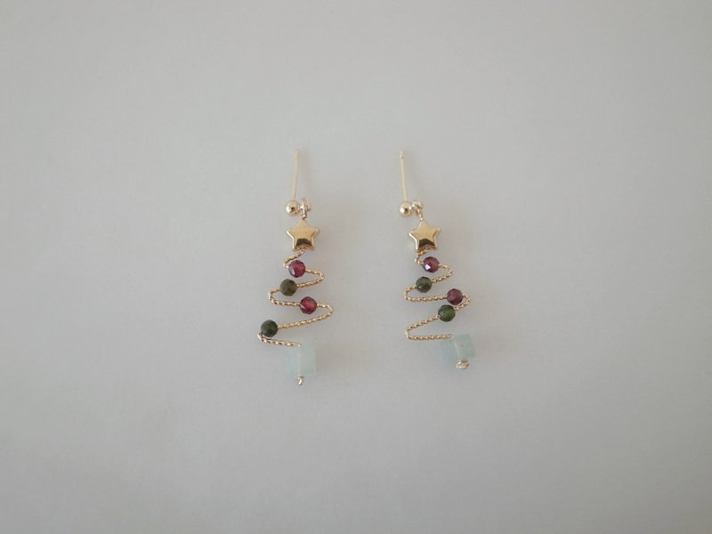 聖誕禮物【耳環 】14K 注金 包金 天然石 聖誕樹耳環 - 耳環/耳夾/耳骨夾 - 水晶 紫色