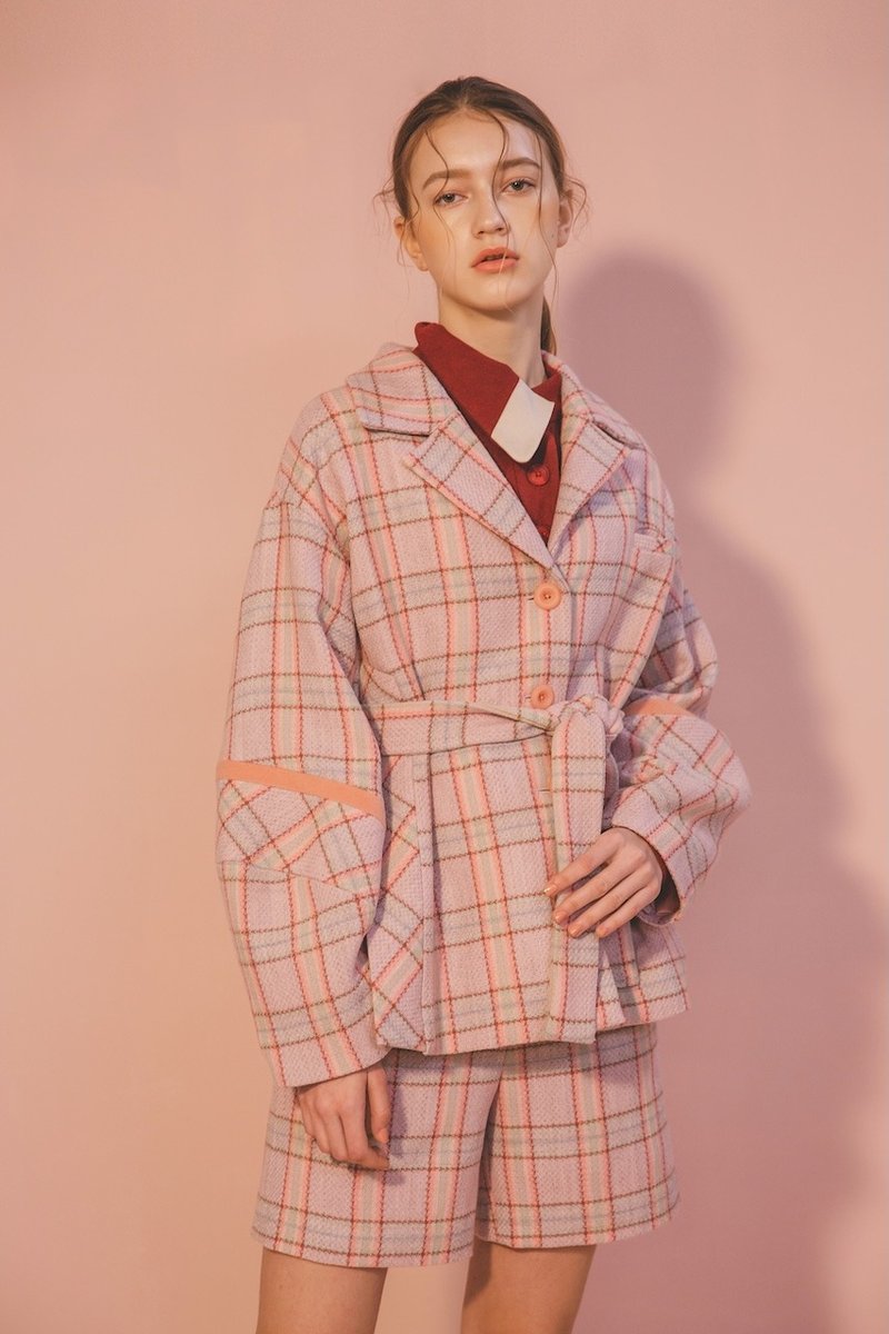 Sample Sale / Wool Blend Plaid Blazer - เสื้อสูท/เสื้อคลุมยาว - ขนแกะ สึชมพู
