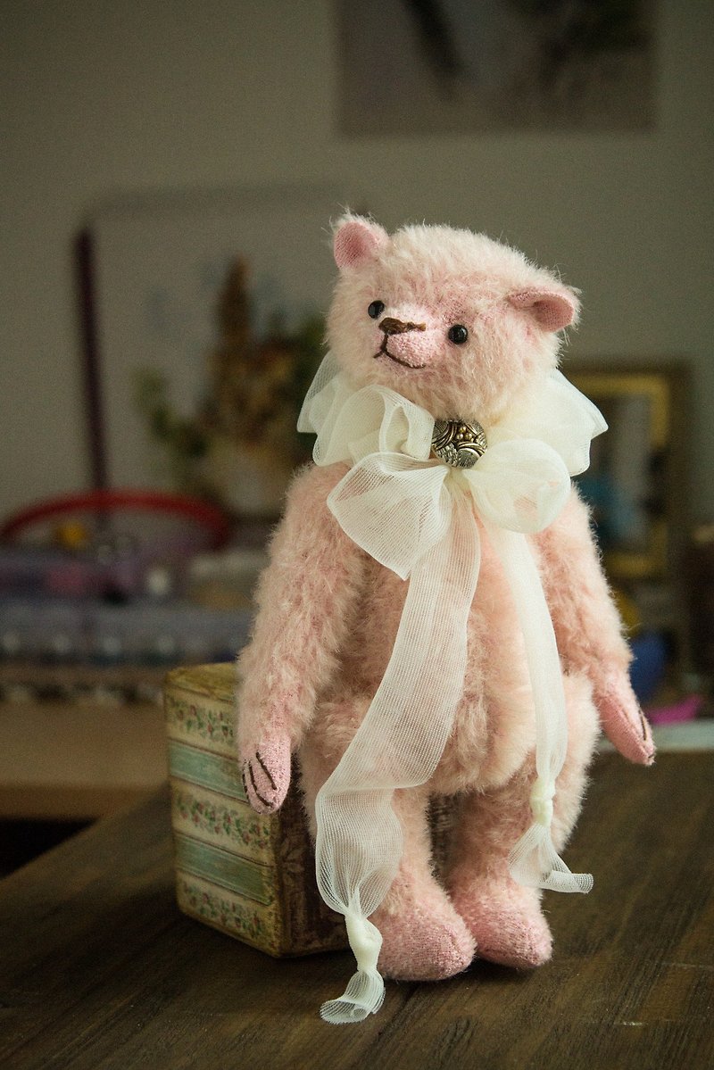 Artist pink teddy bear, stuffed doll toy, cute jointed bear - Stuffed Dolls & Figurines - Other Materials Pink