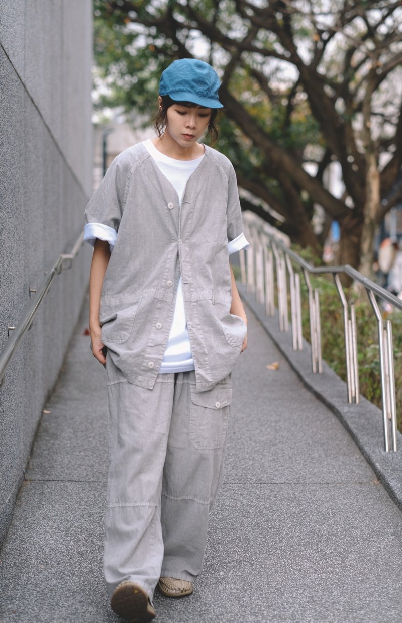 Washed Linen suit for walking on the beach - 2 colors (short-sleeved shirt/trousers can be sold separately) - light gray - เสื้อแจ็คเก็ต - ผ้าฝ้าย/ผ้าลินิน สีเทา