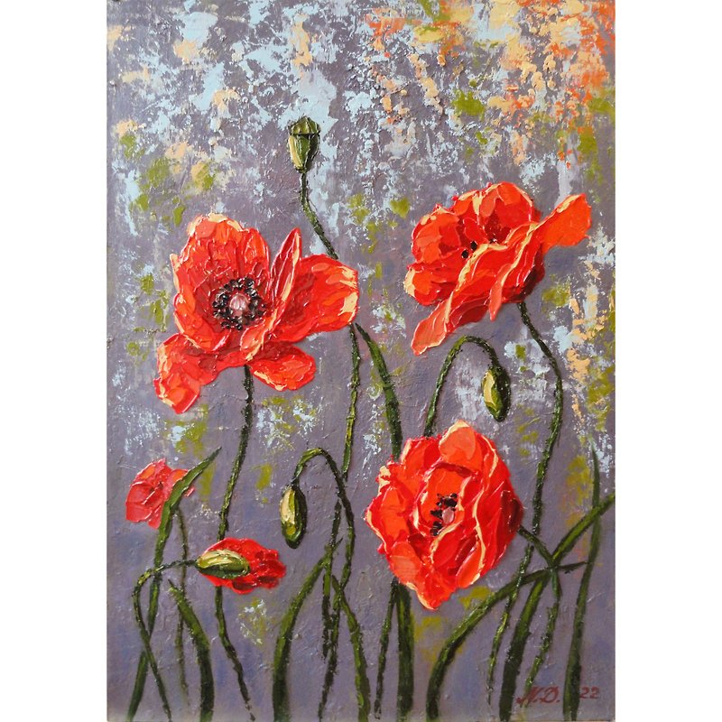 Red Poppy Painting Floral Original Art Oil Impasto Painting by NataDuArt - Posters - Other Materials Multicolor