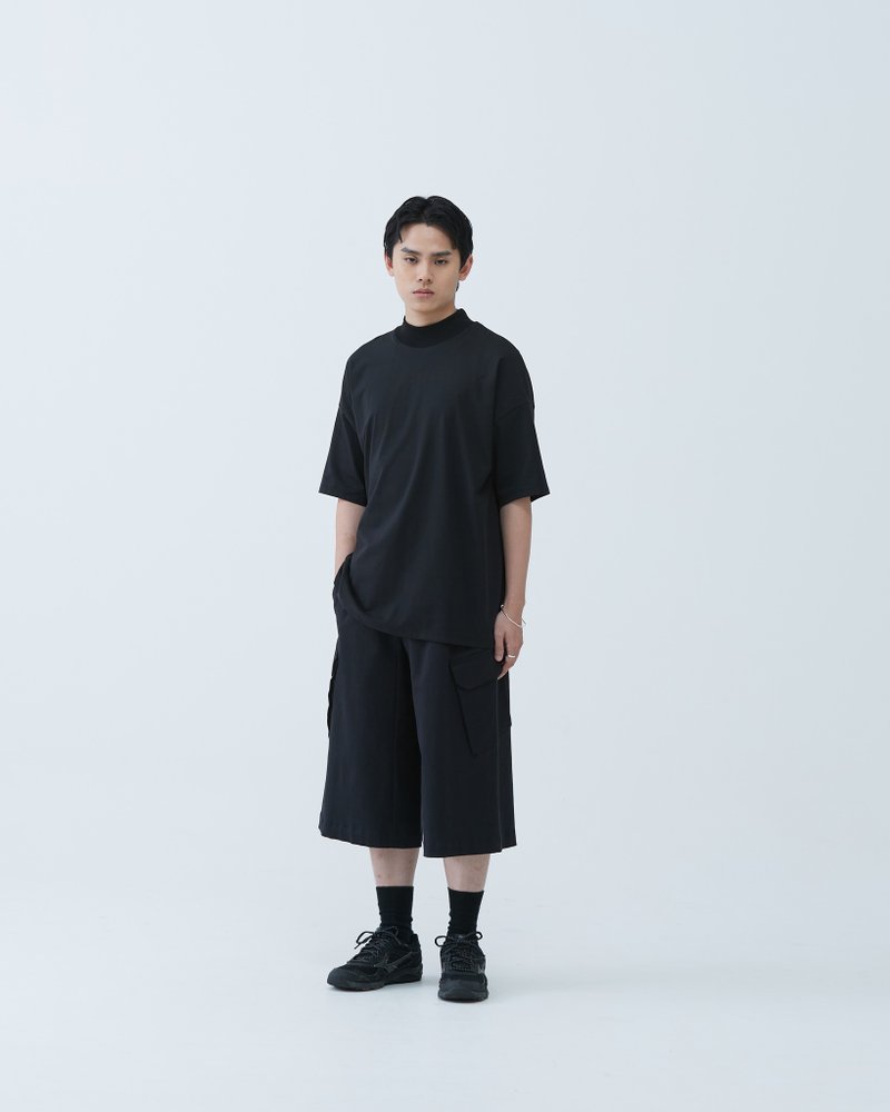 側口袋七分寬褲 Side Pocket Cropped Pants - 男短褲/工作短褲 - 棉．麻 黑色
