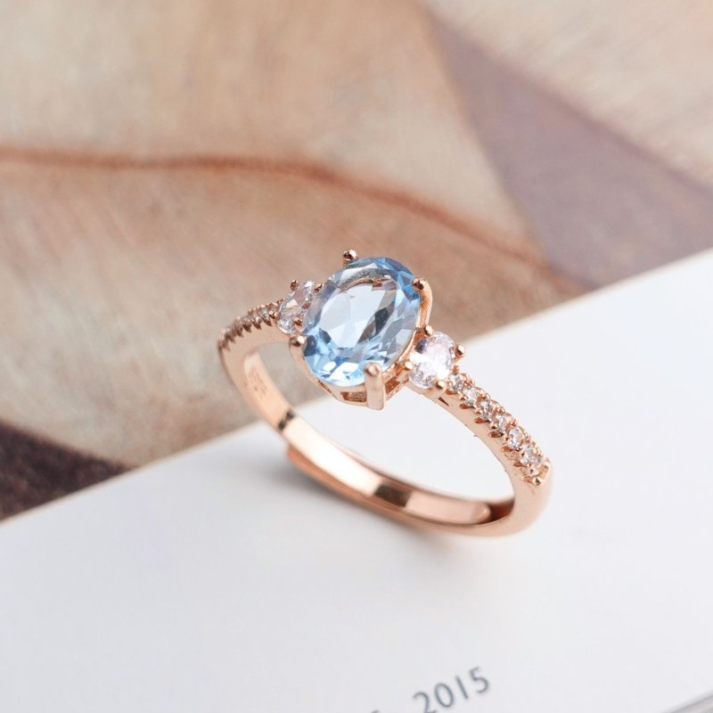 Soft Swiss Blue Topaz Stone Translucent Pure Blue Gloss White Rose Gold Gift - แหวนทั่วไป - เงินแท้ สีน้ำเงิน