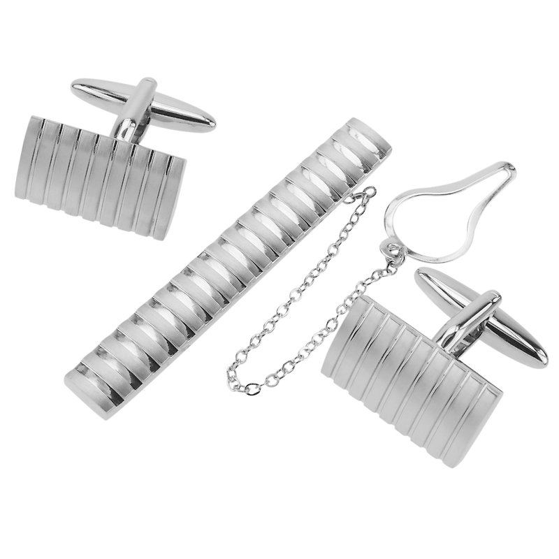 Brushed Silver Stripes Cufflinks and Tie Clip Set - Cuff Links - Other Metals Silver