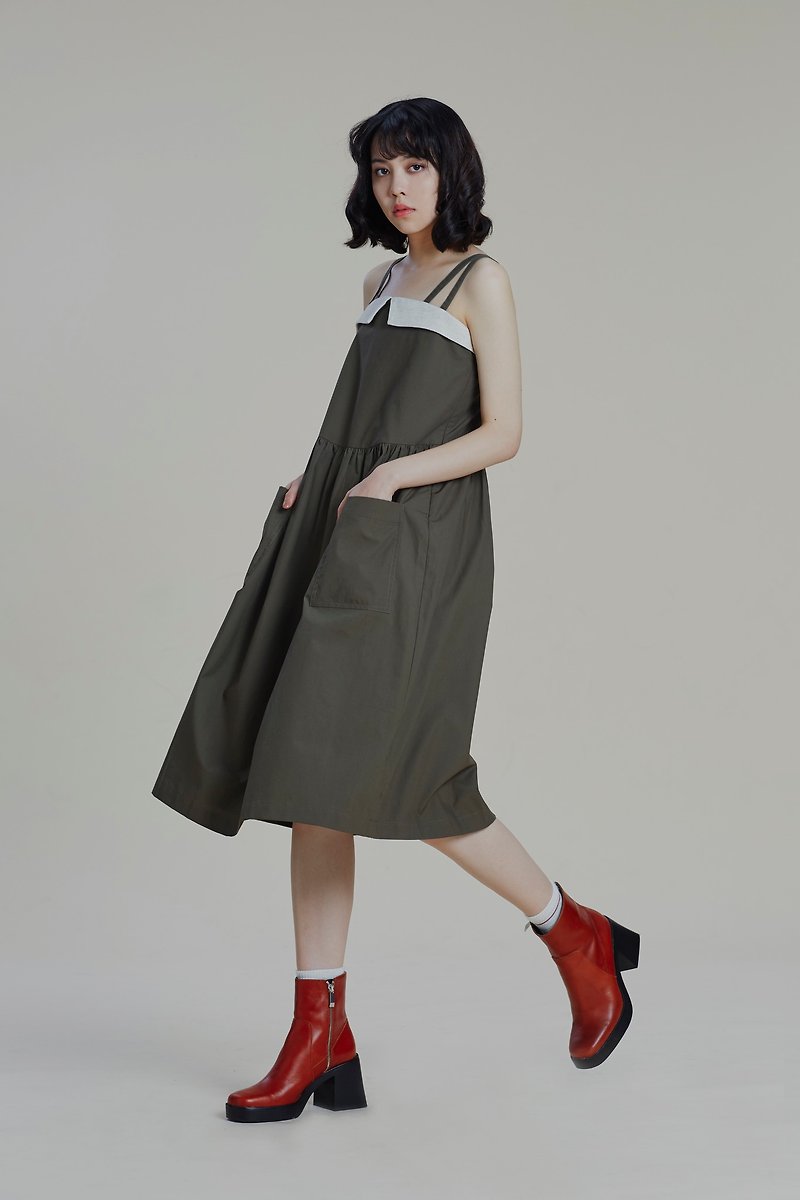 Shan Yong 造型肩帶夏季平口洋裝 - 連身裙 - 棉．麻 綠色