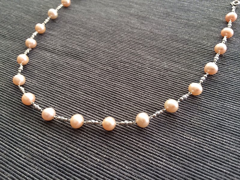 Sixteen inches plus sixteen inches 925 sterling silver freshwater pearl necklace - สร้อยคอ - เงินแท้ สีส้ม