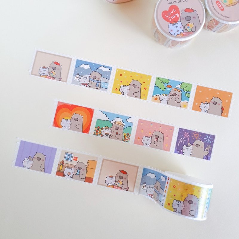 Mr. Bear and his cutie cat : Stamp Masking tape - Love Story - 紙膠帶 - 紙 