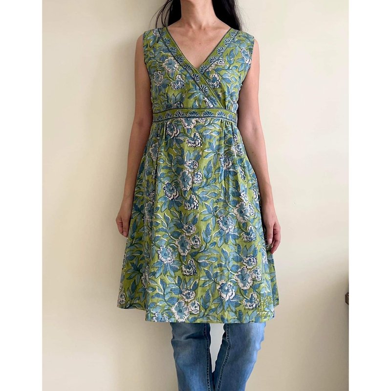 Gardenia Blossom Green Sharon Dress - เสื้อผู้หญิง - ผ้าฝ้าย/ผ้าลินิน สีเขียว