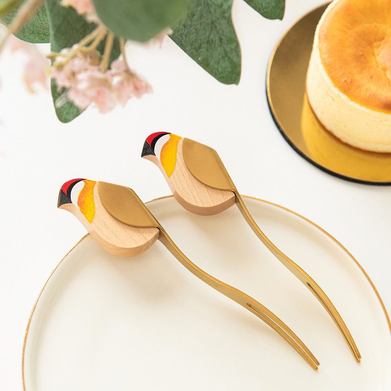 Native Taiwanese Bird Forks / Taiwan Firecrest - ช้อนส้อม - ไม้ สีทอง