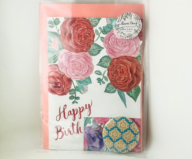 ピンク 赤の封筒が付いている手描きの水彩花柄のバースデーカード 1つの無料のバッジ ショップ Sckcart カード はがき Pinkoi