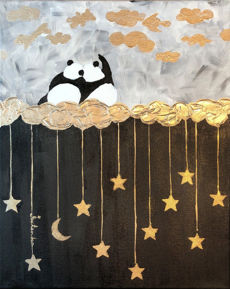 Panda Painting Animal Original Art Gold Artwork Bears Wall Art Minimalist - 海報/掛畫/掛布 - 其他材質 金色