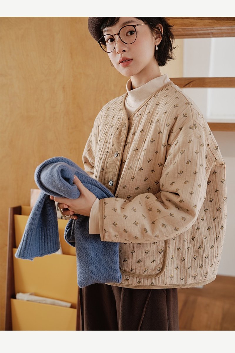 純棉杏色碎花開衫外套長袖 - 女大衣/外套 - 棉．麻 多色