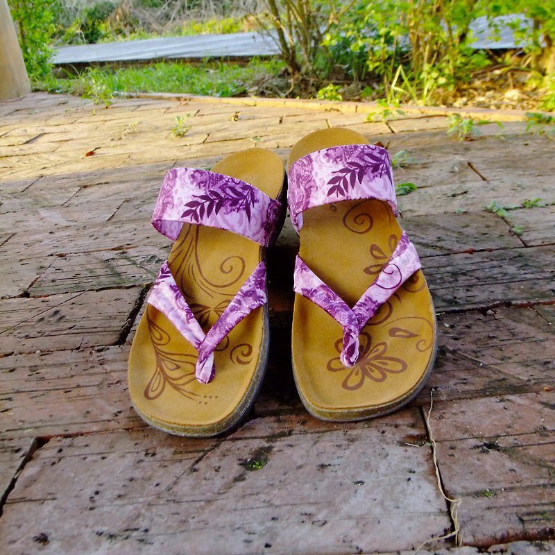 【京都の風景 紫羅蘭】日式舒活/彈力萊卡布料  真皮軟木氣墊鞋 - 涼鞋 - 真皮 紫色
