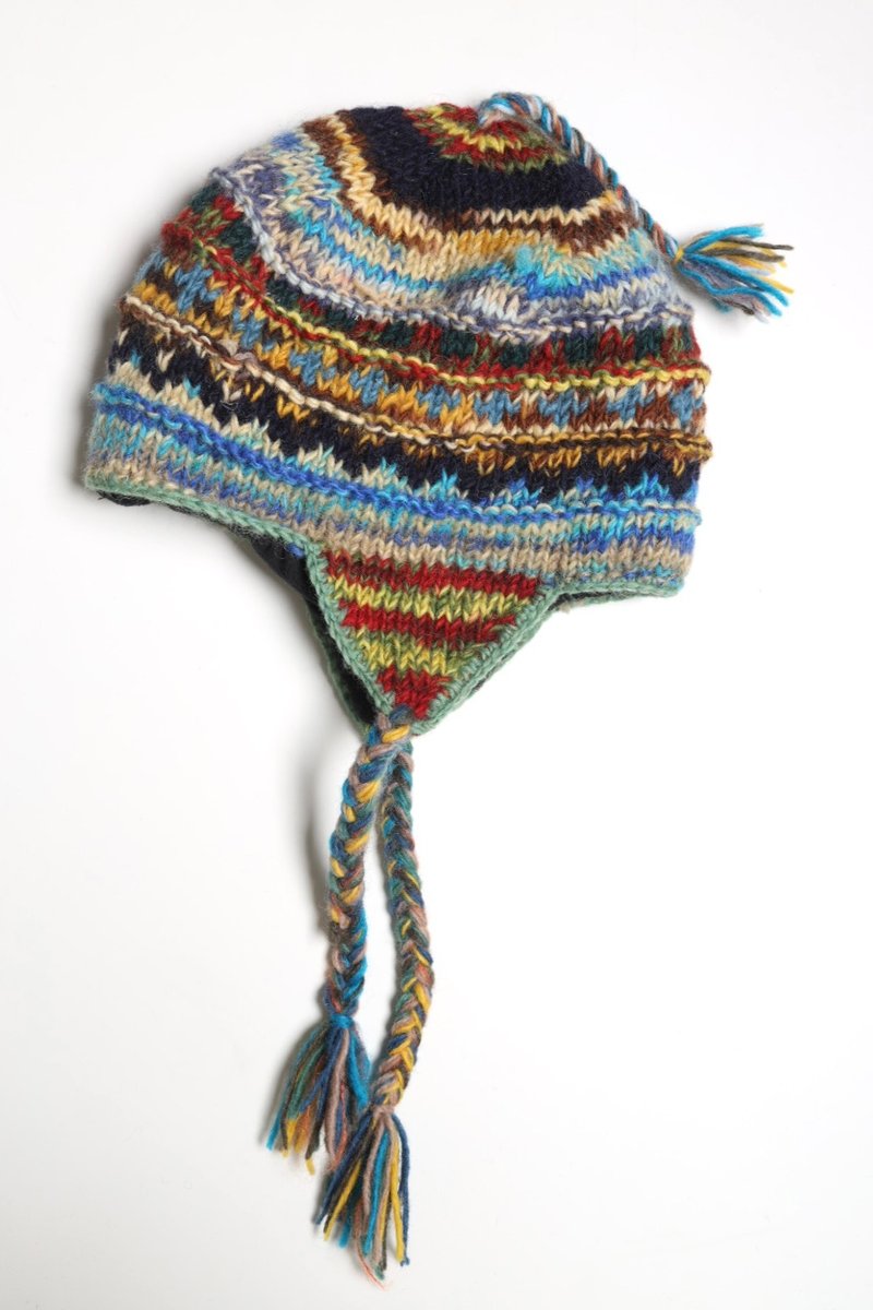 藍棕雜線撞色純羊毛線手工編織半襯防風毛帽子護耳帽|保暖民族風 - 帽子 - 羊毛 多色