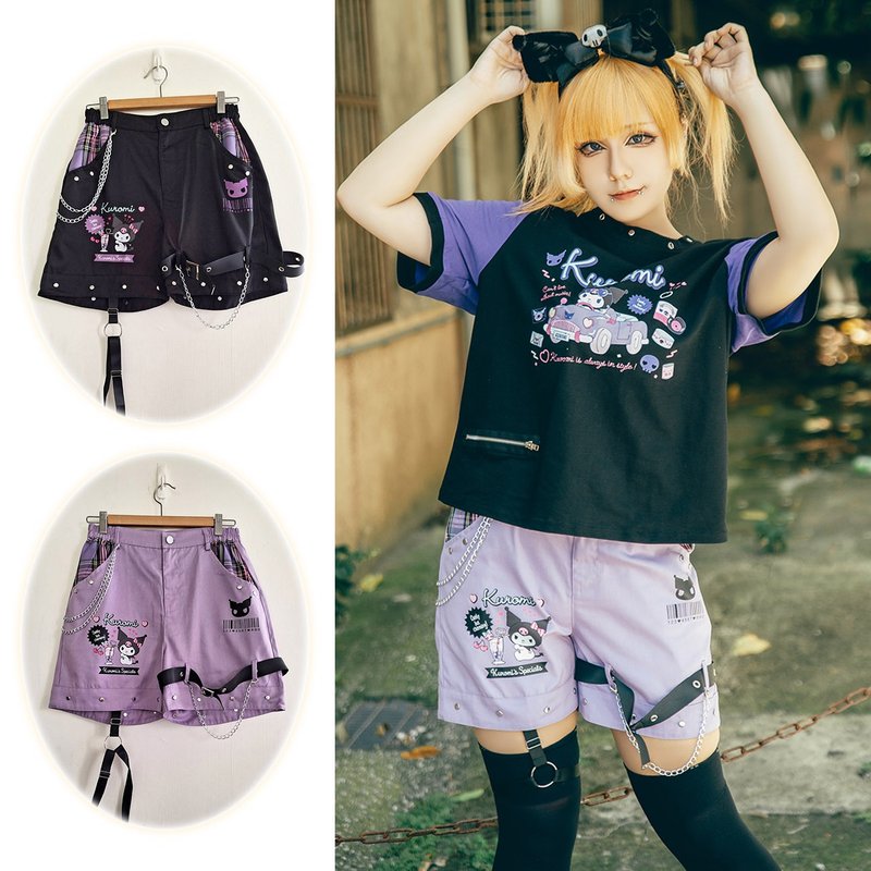 Original Sanrio SANRIO Authorized Coolomi Plaid Pants Chain Leg Ring Punk Style Straight Shorts [JJ5028 - กางเกงขาสั้น - ไฟเบอร์อื่นๆ 