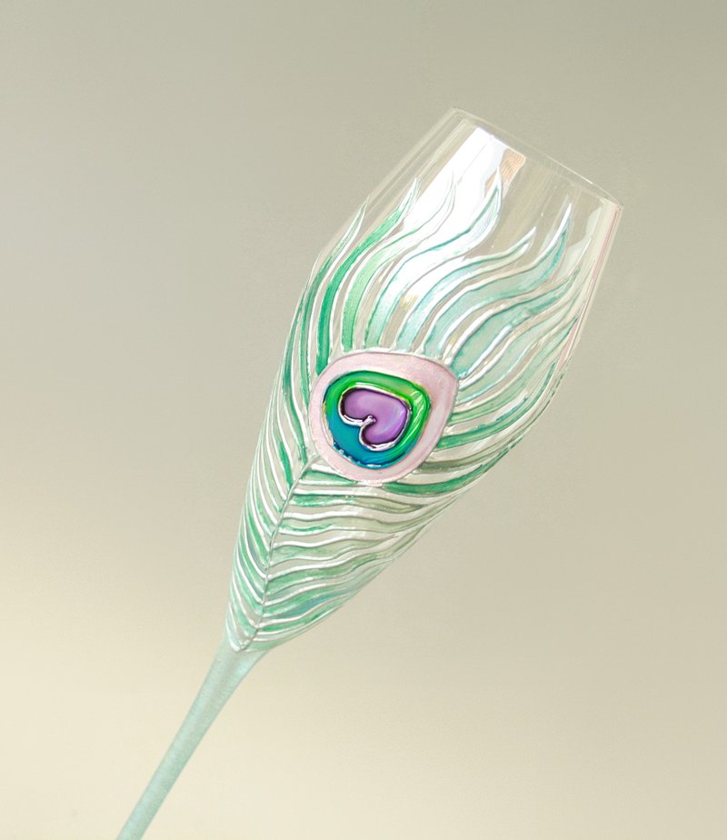 Peacock Feather Champagne Glass Hand-painted - 酒杯/酒器 - 玻璃 多色