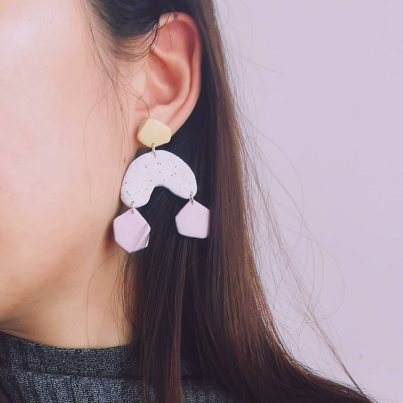 ~ bi playful ~ Geometric Colorblock Handmade Soft Clay Sterling Silver Earrings - Earrings & Clip-ons - Clay Pink