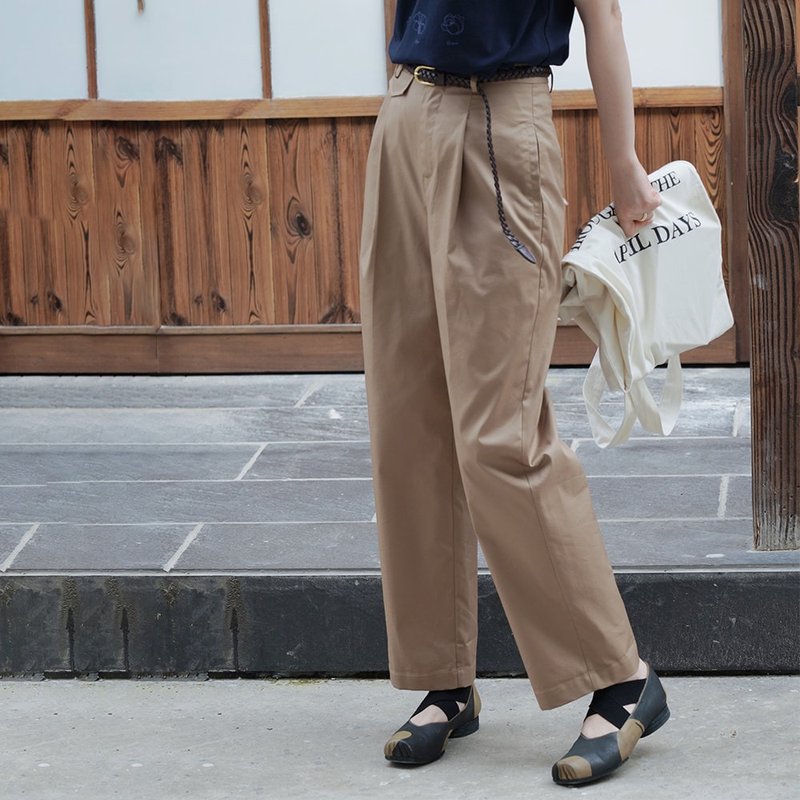 Khaki high-waist straight-leg casual pants|Nine-point pants|Summer style|Cotton blend|Sora-724 - กางเกงขายาว - ผ้าฝ้าย/ผ้าลินิน สีกากี