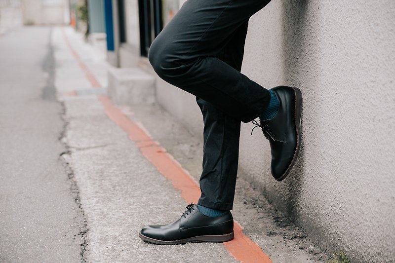 หนังแท้ รองเท้าหนังผู้ชาย สีดำ - Double stitch Derby casual shoes classic black