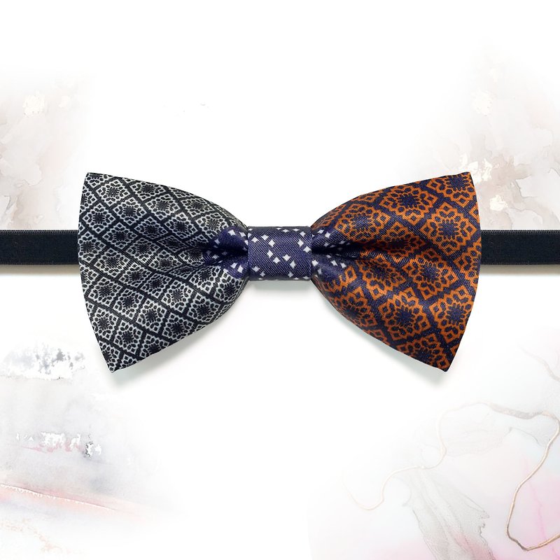 Style 0373 Navy Orange White Tiles Printed Bowtie - Anniversary Groom Bowtie - Chokers - Polyester Blue