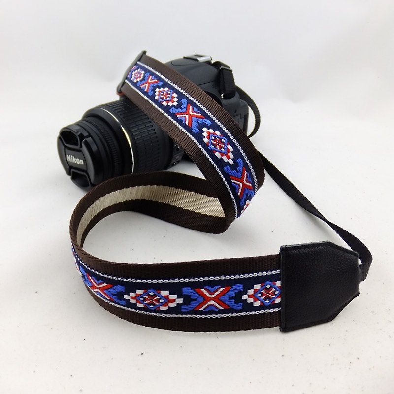Camera strap can print personalized custom embroidered words embroidered leather stitching pattern national wind 056 - กล้อง - งานปัก สีน้ำเงิน