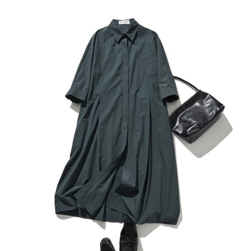 Stand out from the crowd with this tucked adult shirt dress, 100% cotton, 3/4 sleeves, a subdued greyish blue color, 220509-4 - One Piece Dresses - Cotton & Hemp 