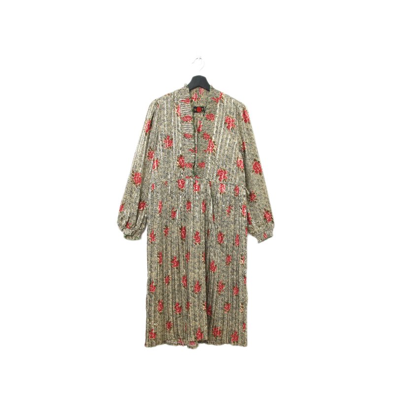 Back to Green-復古長袖洋裝 復古花朵V領g-25//vintage dress - 洋裝/連身裙 - 棉．麻 
