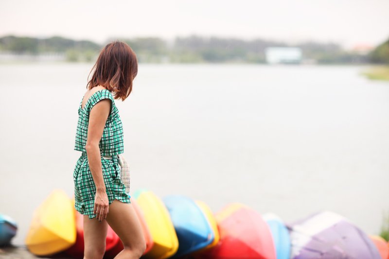'MUFFIN SET' [TOP & SHORTS] Crop Top + Beach Shorts in Green Bamboo. - 女長褲 - 棉．麻 綠色