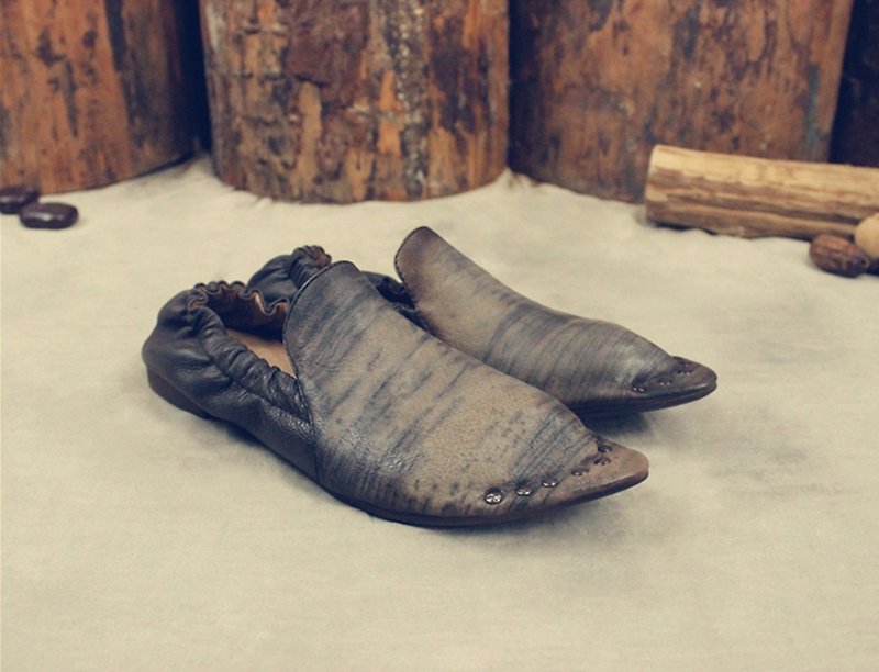 Original retro leather single shoes women's casual wild flat shoes - รองเท้าแตะ - หนังแท้ สีเทา