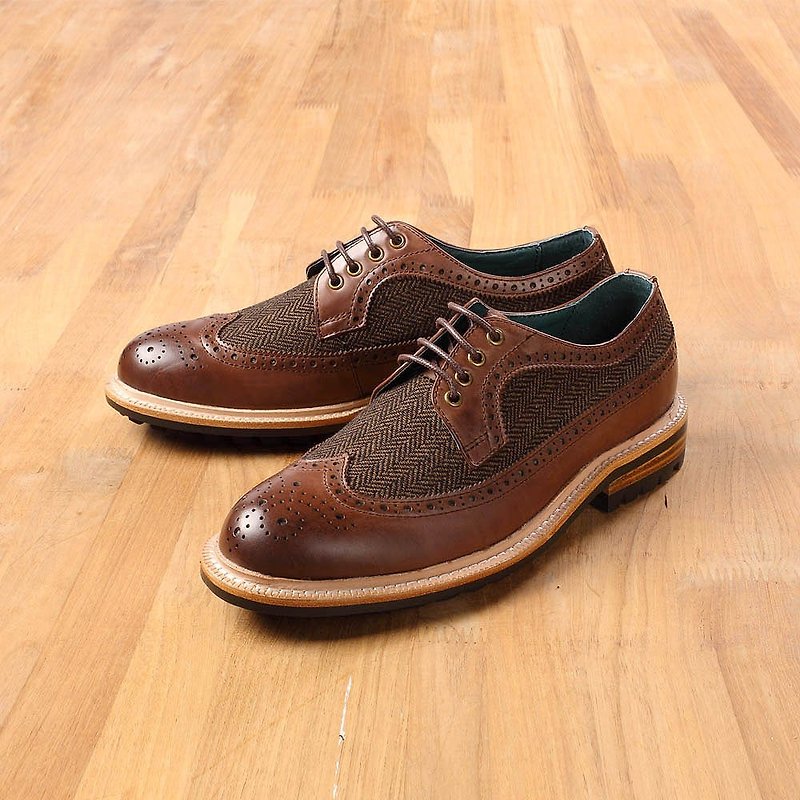 Vanger Elegant and Beautiful ‧Nostalgic Long Wing Pattern Sandwich Bottom Derby Shoes Va208 Mauni Stitching Coffee - Men's Casual Shoes - Genuine Leather Brown