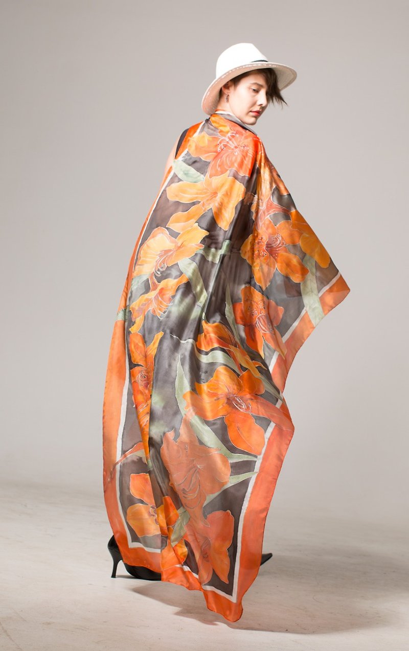 Hand painted silk scarf- Crimson Lilies - Scarves - Silk Orange