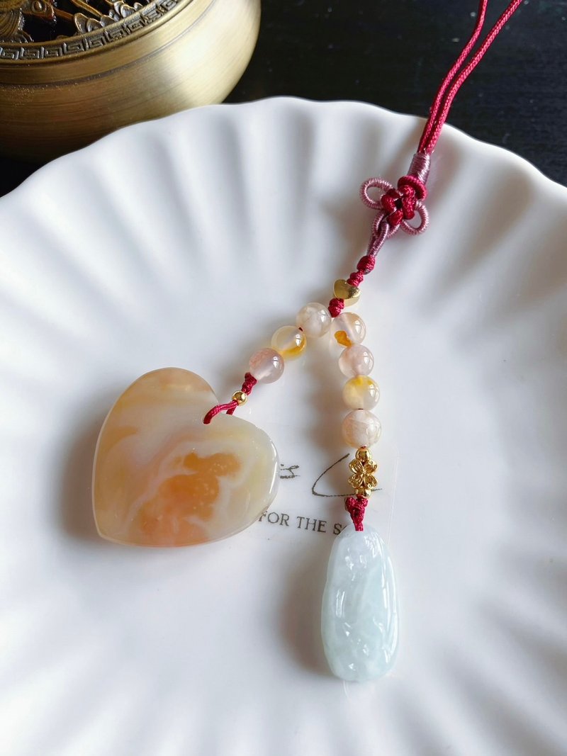 Sakura agate love water flower natural stone gift design mobile phone chain bag hanging long - เชือก/สายคล้อง - คริสตัล สีส้ม