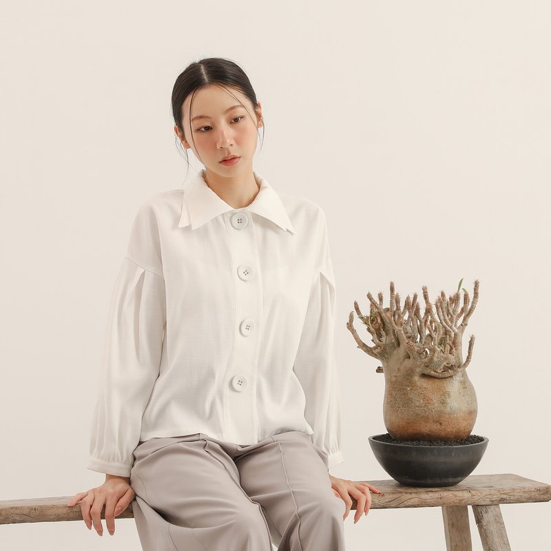 【Classic Original】Monologue_ Double Lapel Puff Sleeve Shirt_CLT502_White - Women's Shirts - Polyester White