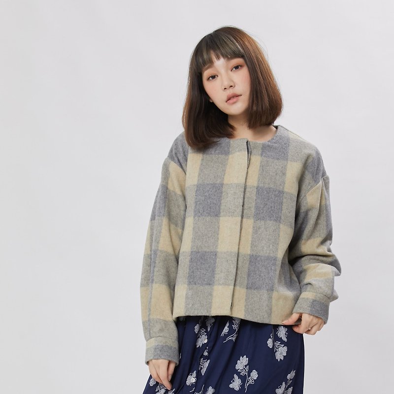 Miriam Crew-neck wool coat / Grey lattice - เสื้อแจ็คเก็ต - ขนแกะ สีเทา