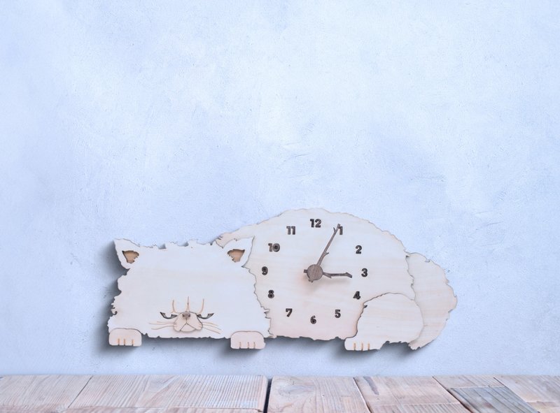 Persian Cat Sleeping Clock Wooden Pendulum Clock Wall Clock - นาฬิกา - ไม้ สีกากี